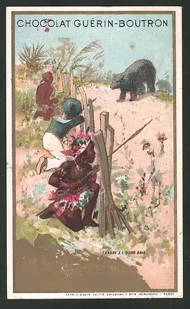 Sammelbild Chocolat Guérin-Boutron, Chasse à l'Ours Bris, afrikanische Jäger beobachten einen Bären