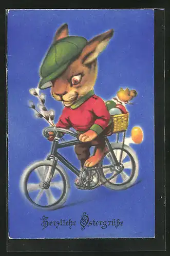 AK Osterhase fährt mit Osterküken Fahrrad, Ostergruss