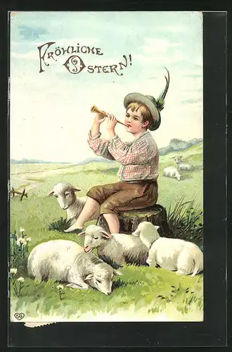 Künstler-AK Hirtenjunge mit Flöte und Schafen, Ostergruss