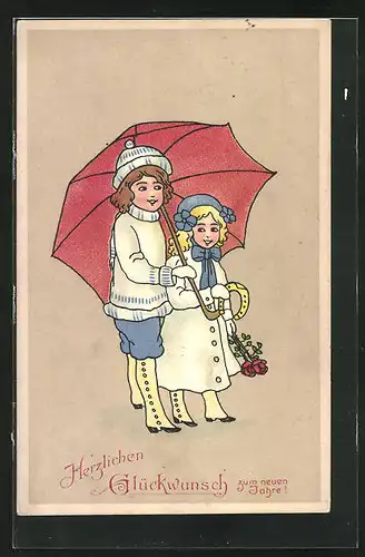 AK Kinderpaar mit Hufeisen unterm Schirm, Neujahrsgruss