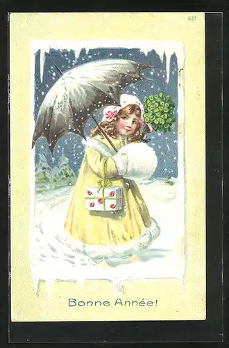 Präge-AK Mädchen mit Schirm und Kleeblättern im Schnee, Neujahrsgruss