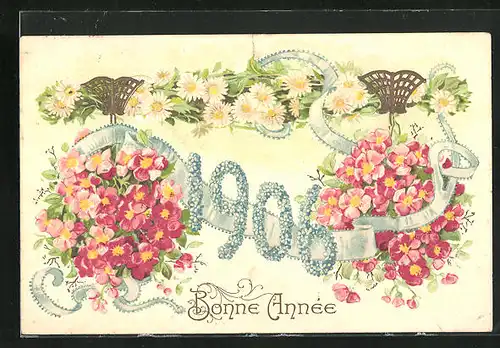 Präge-AK Jahreszahl 1906 aus Vergissmeinnciht und weitere Blumen
