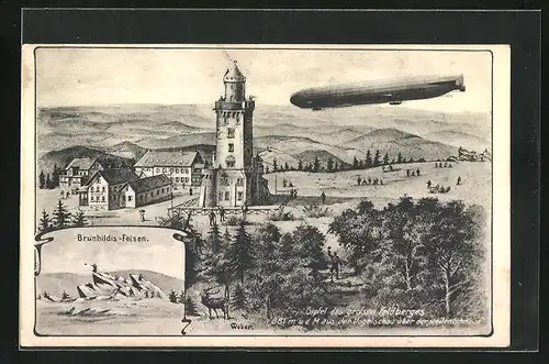 AK Grosser Feldberg, Zeppelin über dem Gipfel-Gasthaus, Brunhildis-Felsen