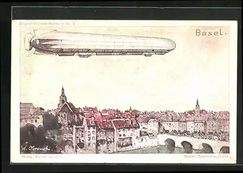 Künstler-AK Basel, Zeppelin über der Stadt, Verlag Stollwerck-Schokolade
