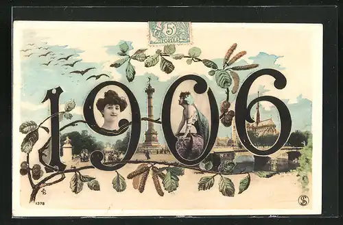 AK Jahreszahl 1906 mit Frauenportraits, Ortspartie