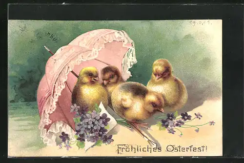 Präge-AK Osterküken mit Schirm und Blumen, Ostergruss