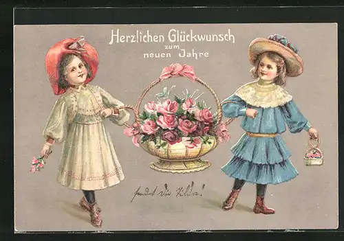 Präge-AK Zwei Mädchen mit Blumenkorb, Neujahrsgruss