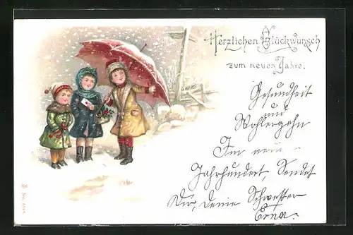 AK Drei Kinder mit Schirm im Schnee, Neujahrsgruss