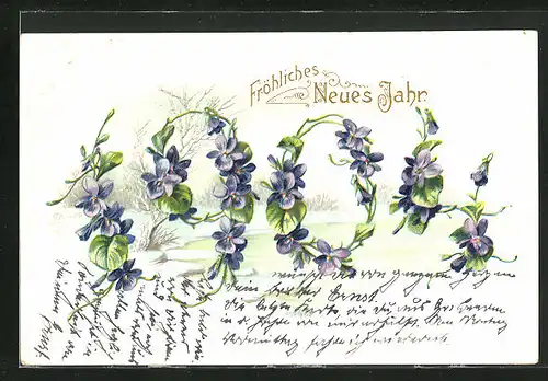 Präge-AK Jahreszahl aus Blumen, Neujahrsgruss 1904