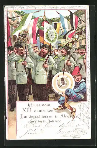 AK Dresden, XIII. deutsches Bundeschiessen 1900, Schützen feiern ihren Sieg
