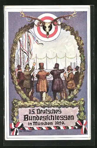 AK München, 15. Deutsches Bundesschiessen 1906, Teilnehmer beim Schiessen