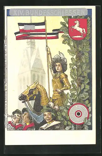 Präge-AK Hannover, XIV. Bundeschiessen 1903, Ritter mit Flagge, Wappen