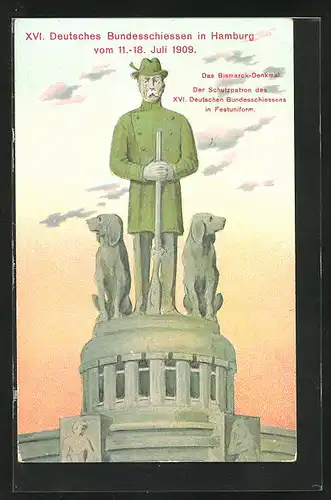 AK Hamburg, XVI. Deutsches Bundeschiessen 1909, Statue von Jäger und Jagdhunden