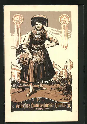 AK Hamburg, 16. Deutsches Bundeschiessen 1909, Bäuerin in Tracht mit Korb