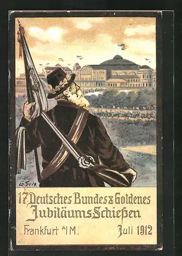 AK Frankfurt / Main, 17. Deutsches Bundes- u. Goldenes Jubiläums-Schiessen 1912, Alter Schütze blickt auf das Festgelände
