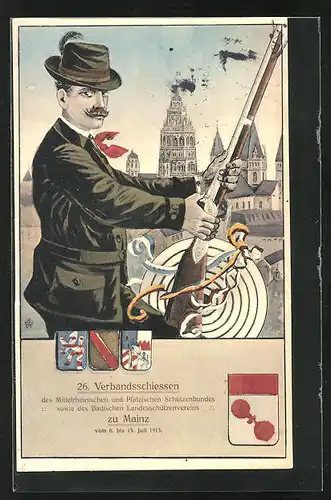 AK Mainz, 26. Verbandsschiessen Mittelrhein, Baden u. Pfalz 1913, Schütze mit Gewehr gegen Stadt