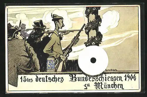 AK München, 15. Deutsches Bundesschiessen 1906, Karikatur von Schützen am Schiessstand