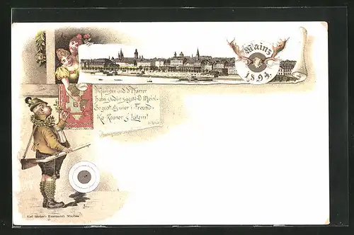 Lithographie Mainz, Ortsansicht, Schütze mit Gewehr, Schützenverein