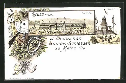 Lithographie Mainz a. Rh., XI. Deutsches Bundesschiessen, Schützenverein, Festhalle, Gabentempel