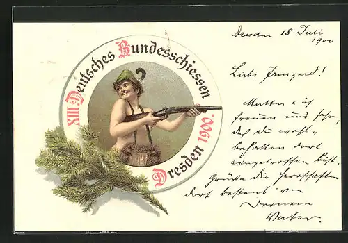 Passepartout-AK Dresden, XII. Deutsches Bundesschiessen 1900, Schützenverein, Schütze m. Gewehr