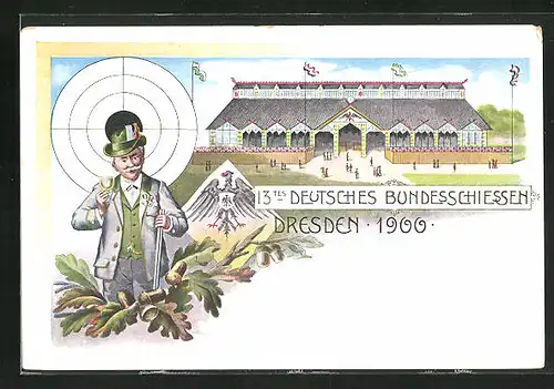 Mondschein-AK Dresden, 13. Deutsches Bundesschiessen 1900, Schütze im Anzug mit Gewehr, Zielscheibe, Schützenverein