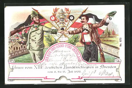 Lithographie Dresden, XIII. Deutsches Bundesschiessen 1900, Zwei Schützen mit Gewehren, Schützenverein