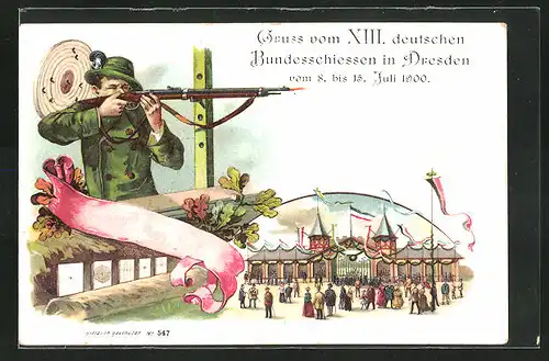 Lithographie Dresden, XIII. Dt. Bundesschiessen 1900, Schützenverein, Zielender Schütze, Schützenfest, Festhalle