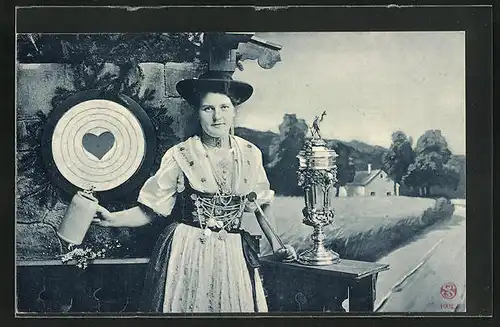 AK Schöne Schützin im Kleid mit Pfeil und Humpen, Pokal, Zielscheibe, Schützenverein