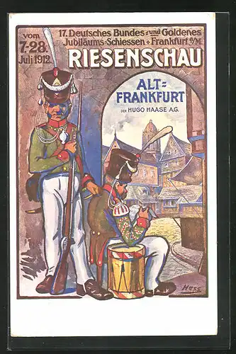 AK Alt-Frankfurt, 17. Deutsches Bundes- u. Goldenes Jubiläums-Schiessen 1912, Zwei Soldaten mit Gewehren, Schützenverein