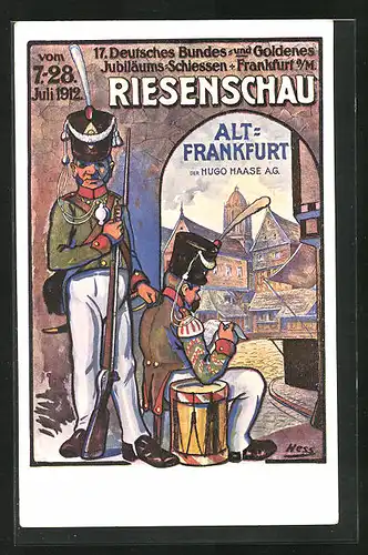 AK Alt-Frankfurt, 17. Deutsches Bundes- u. Goldenes Jubiläums-Schiessen 1912, Zwei historische Soldaten, Schützenverein