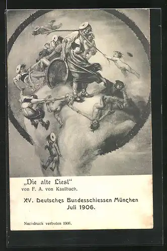 AK München, XV. Deutsches Bundesschiessen 1906, Engel ziehen der alten Liesl an Zöpfen, Schützenverein