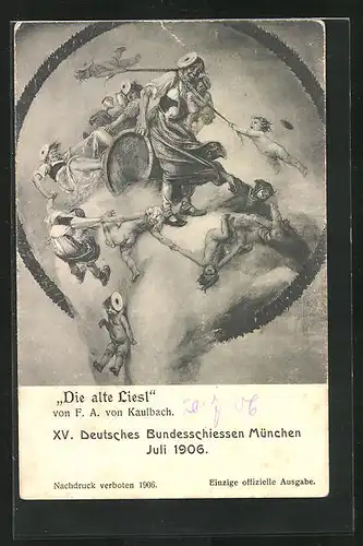 AK München, XV. Deutsches Bundesschiessen 1906, Engel ärgern Die alte Liesl, Schützenverein