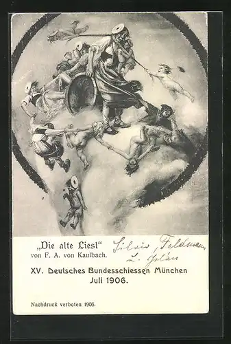 AK München, XV. Deutsches Bundesschiessen 1906, Die alte Liesl und freche schelmische Engel, Schützenverein