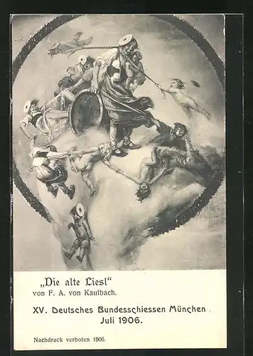 AK München, XV. Deutsches Bundesschiessen 1906, Die alte Liesl wird von Engeln geärgert, Schützenverein