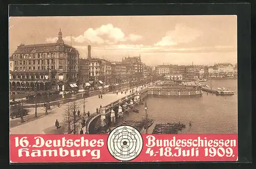 AK Hamburg, 16. Deutsches Bundesschiessen 1909, Partie auf dem Jungfernstieg, Schützenverein