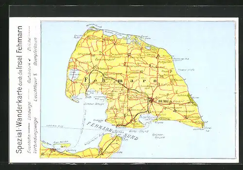 Künstler-AK Fehmarn, Landkarte mit Petersdorf, Klausdorf und Gahlendorf