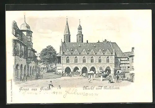 AK Goslar, Markt und Rathaus mit Brunnen