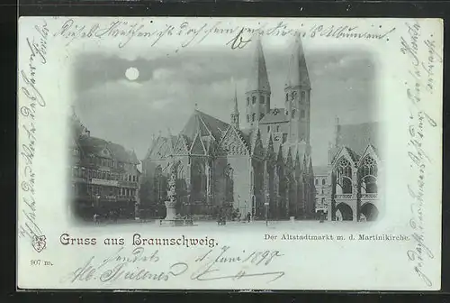 Mondschein-AK Braunschweig, Der Altstadtmarkt mit der Martinikirche