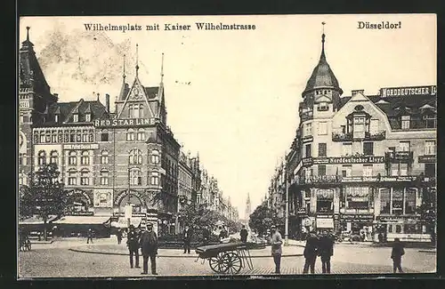 AK Düsseldorf, Kaiser Wilhelmstrasse mit Hotel und Geschäften am Wilhelmsplatz
