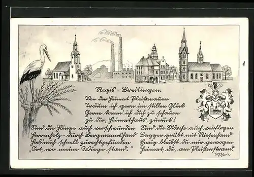 AK Regis-Breitingen, Teilansicht mit Kirche und Fabrikschloten, Storch, Wappen