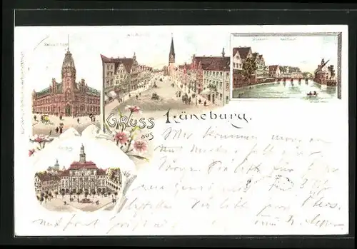 Lithographie Lüneburg, Kaiserliche Post, Am Sande, Viskulenhof u. Kaufhaus. Rathaus