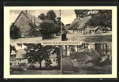 AK Bliedersdorf, Gasthaus Marquardt, Schule, Kirche, Hünengräber