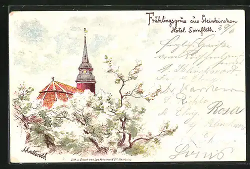 AK Steinkirchen, Kirche mit Frühlingsblüte