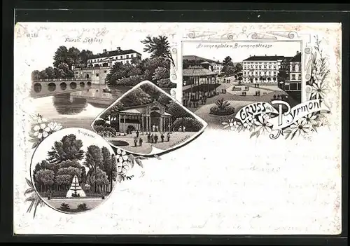 Lithographie Pyrmont, Fürstliches Schloss, Brunnenplatz und Brunnenstrasse, Helenenquelle, Hauptallee