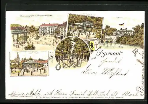 Lithographie Pyrmont, Brunnenplatz und Brunnenstrasse, Helenenquelle, Schloss, Stahltrinkhalle