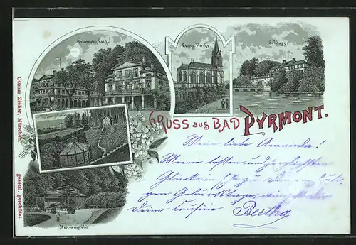 Mondschein-Lithographie Bad Pyrmont, Brunnenplatz, Evangelische Kirche, Schloss, Helenenquelle, Dunsthöhle