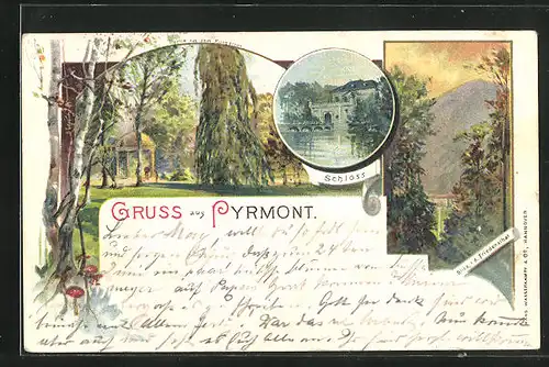 Lithographie Pyrmont, Schloss, Parkidylle mit Pavillon, Blick ins Friedenstal