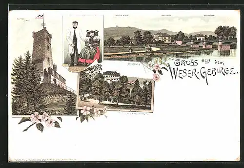 Lithographie Rinteln, Klippenturm, Luhdener Klippen, Hirschkuppe, Messingegge, Arensburg