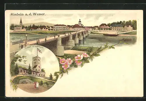 Lithographie Rinteln a. Weser, Weserpartie mit Brücke, Klippenturm