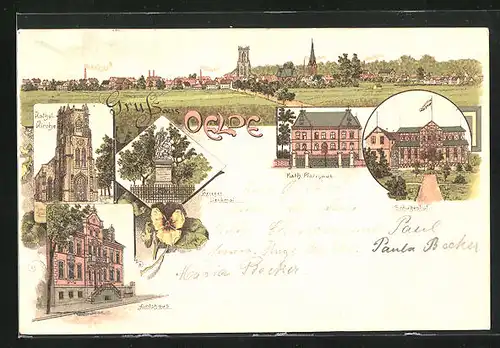 Lithographie Oelde, Schützenhof, Katholische Kirche, Amtshaus